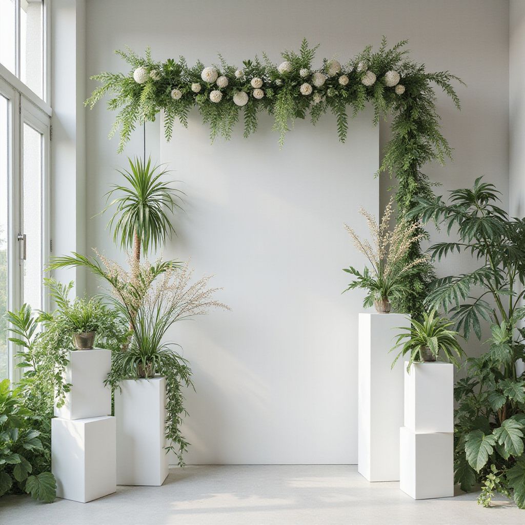 Fond blanc orné de motifs floraux et végétaux, flanqué de plantes en pot, dans une pièce lumineuse.