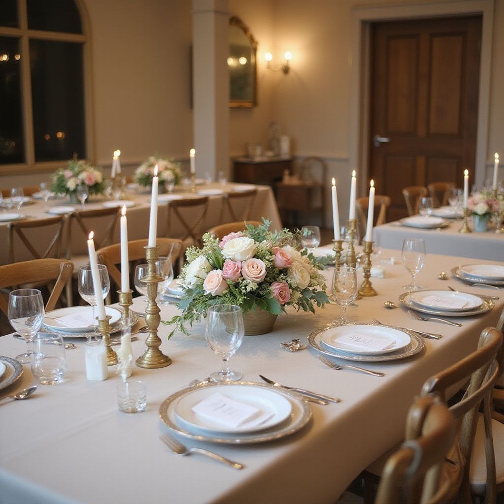 Élégante table dressée pour un événement formel, avec bougies, fleurs et couverts à l'intérieur.
