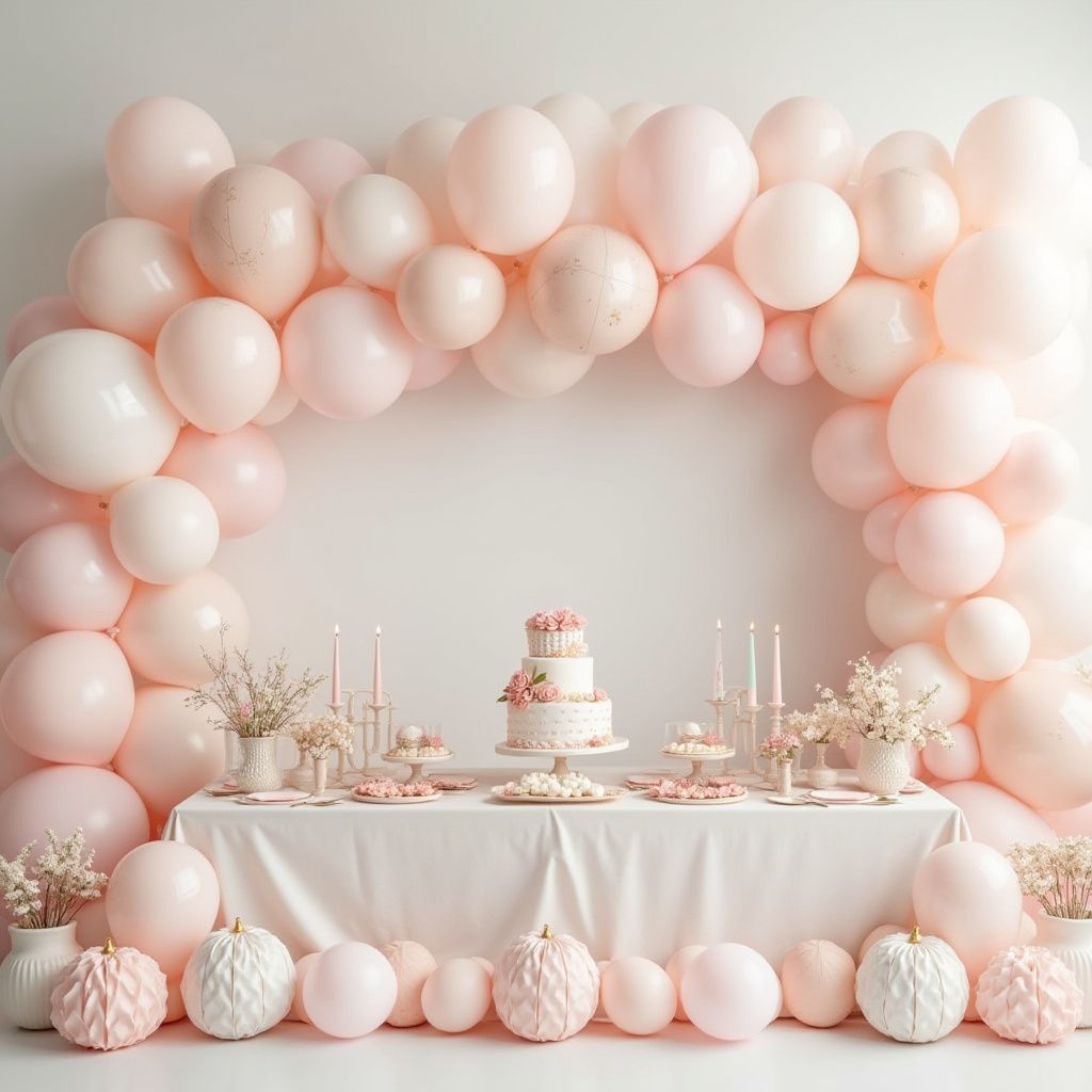 Une arche de ballons roses surplombe une table dressée pour une fête. Gâteau, friandises et fleurs ornent la table.