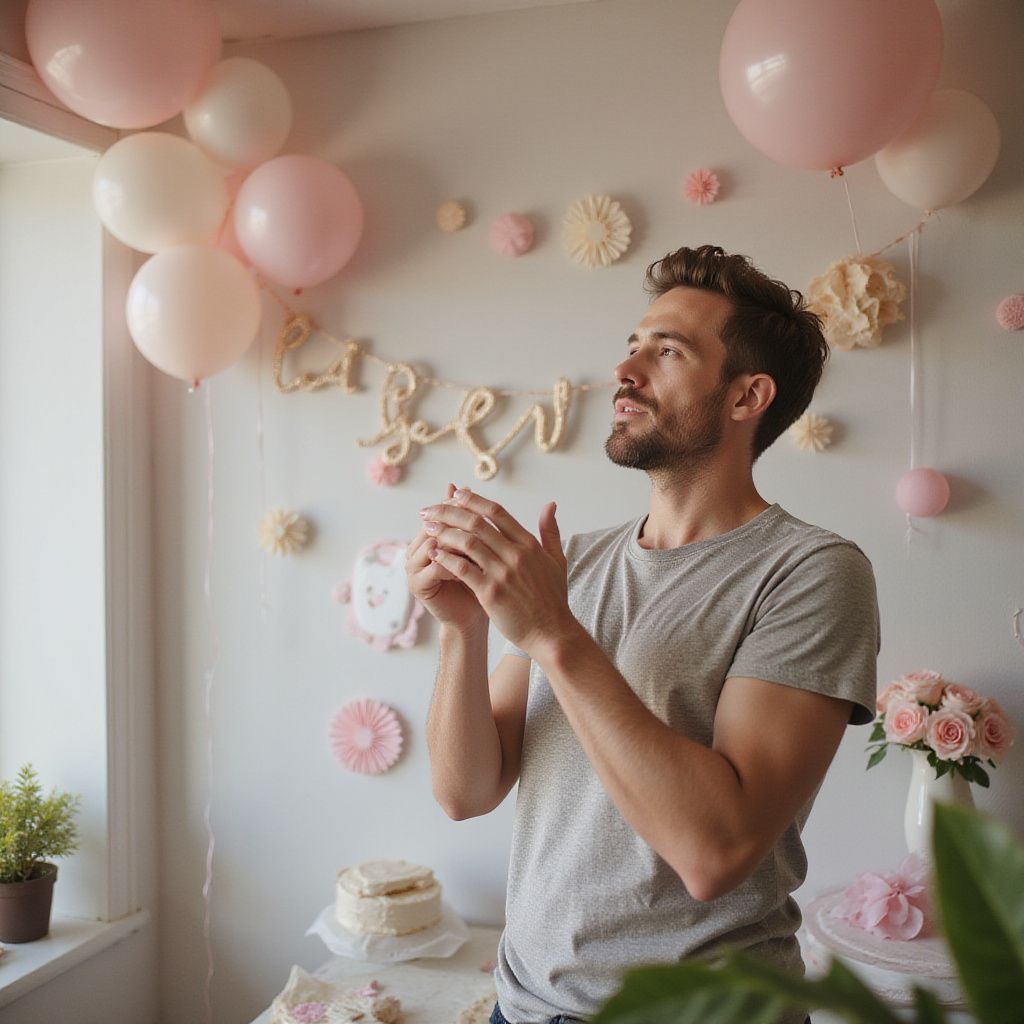 Un homme applaudit dans une pièce décorée de ballons roses, de fleurs et d'un gâteau.