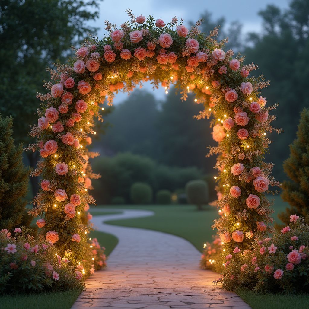 Arche de roses roses et de lumières au-dessus d'un chemin de pierre dans un jardin.