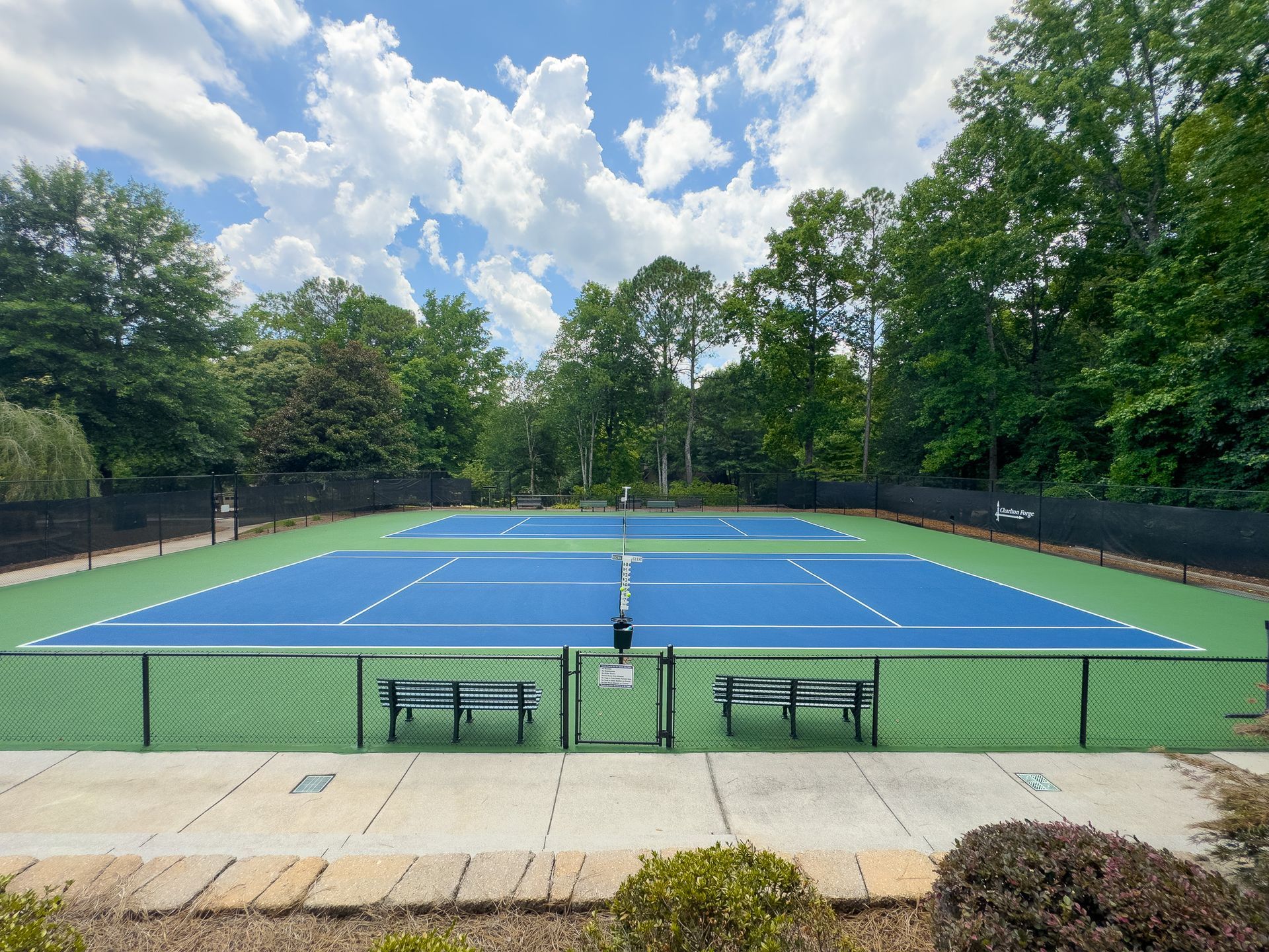 Two tennis courts are surrounded by trees on a sunny day