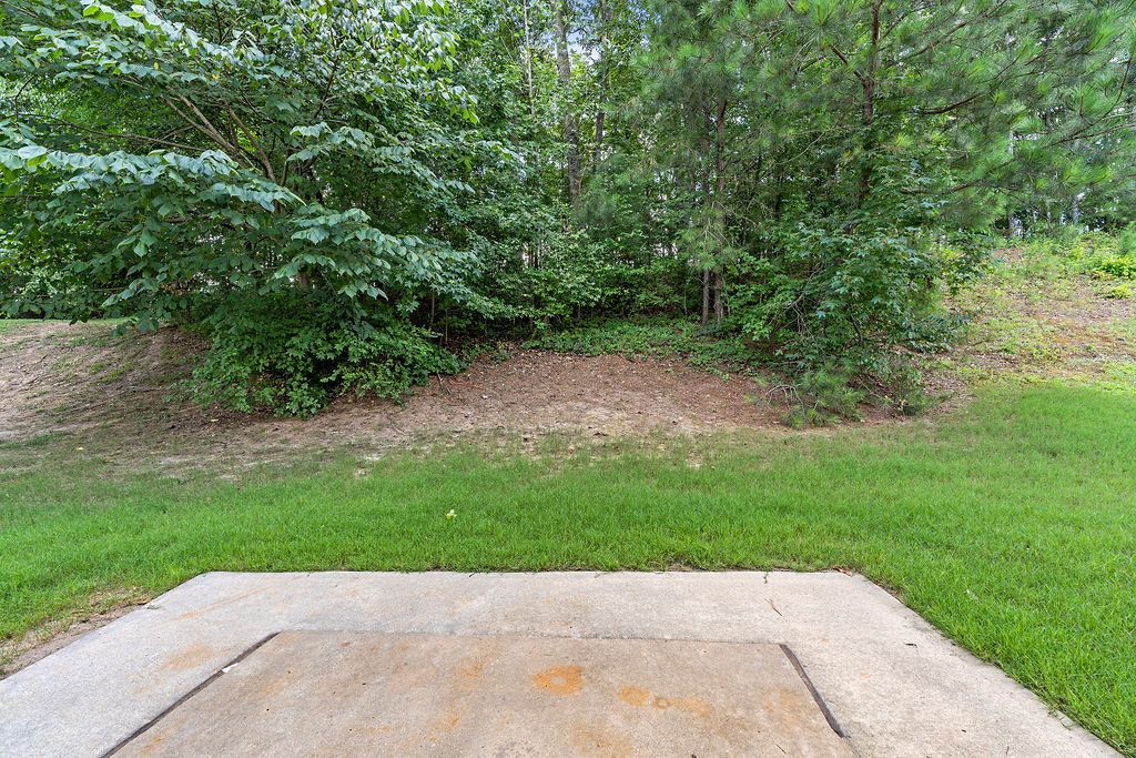 A concrete patio in the middle of a lush green field with trees in the background.