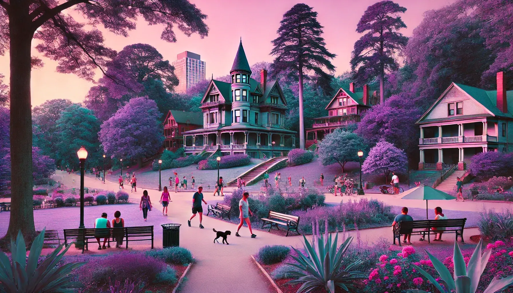 A group of people are walking in a park with a castle in the background.