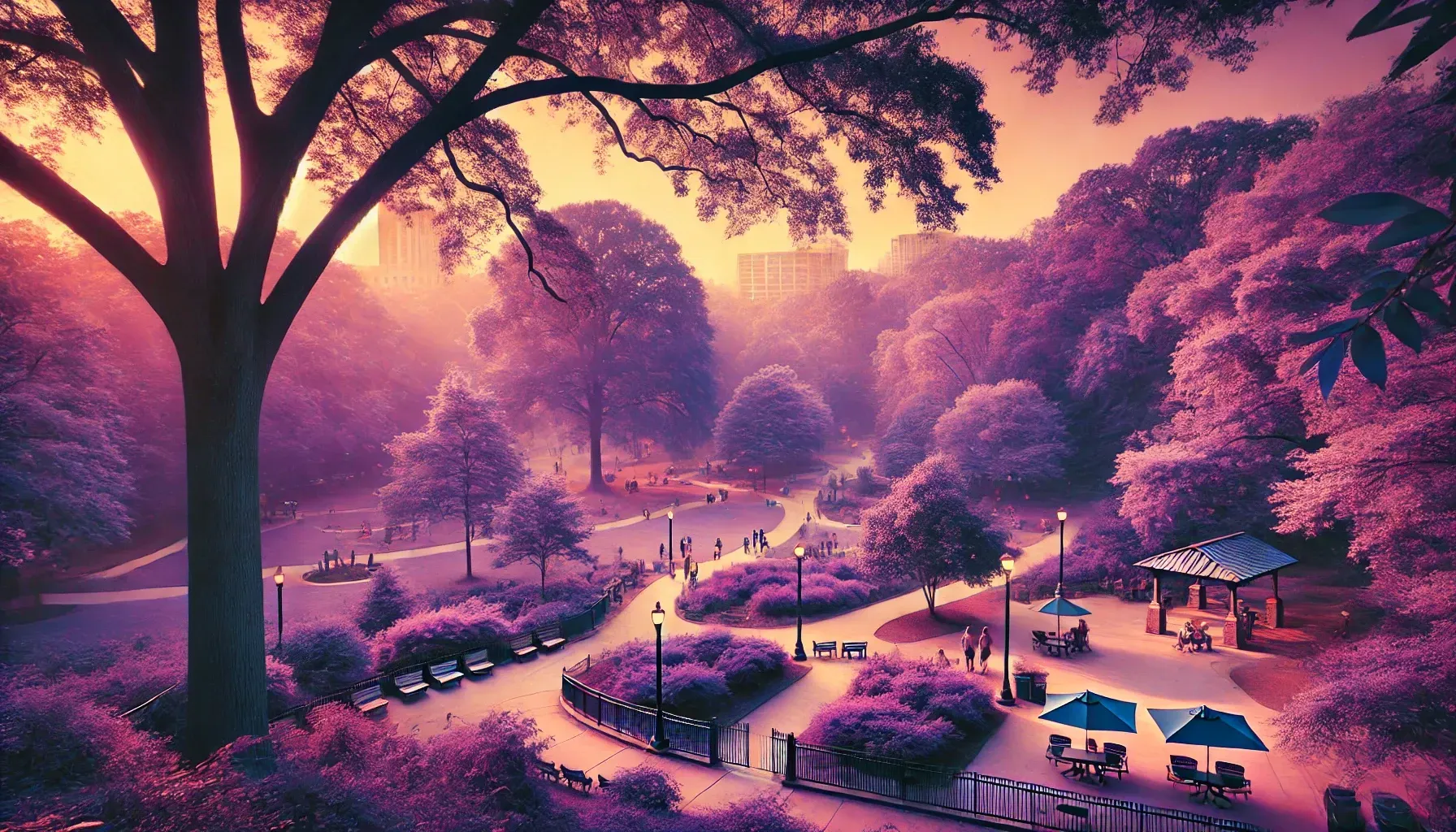 A park with purple flowers and trees at sunset