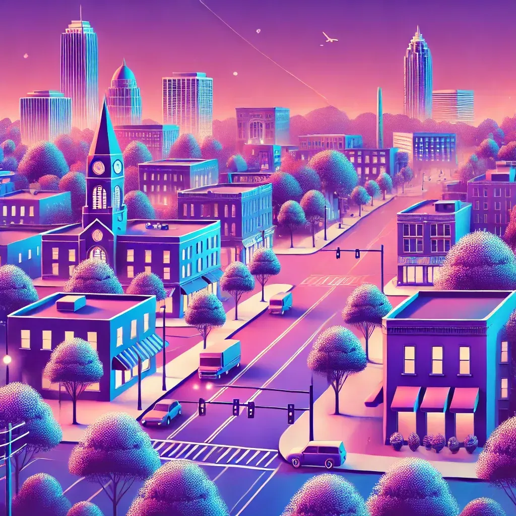 An illustration of a city at night with a clock tower in the background