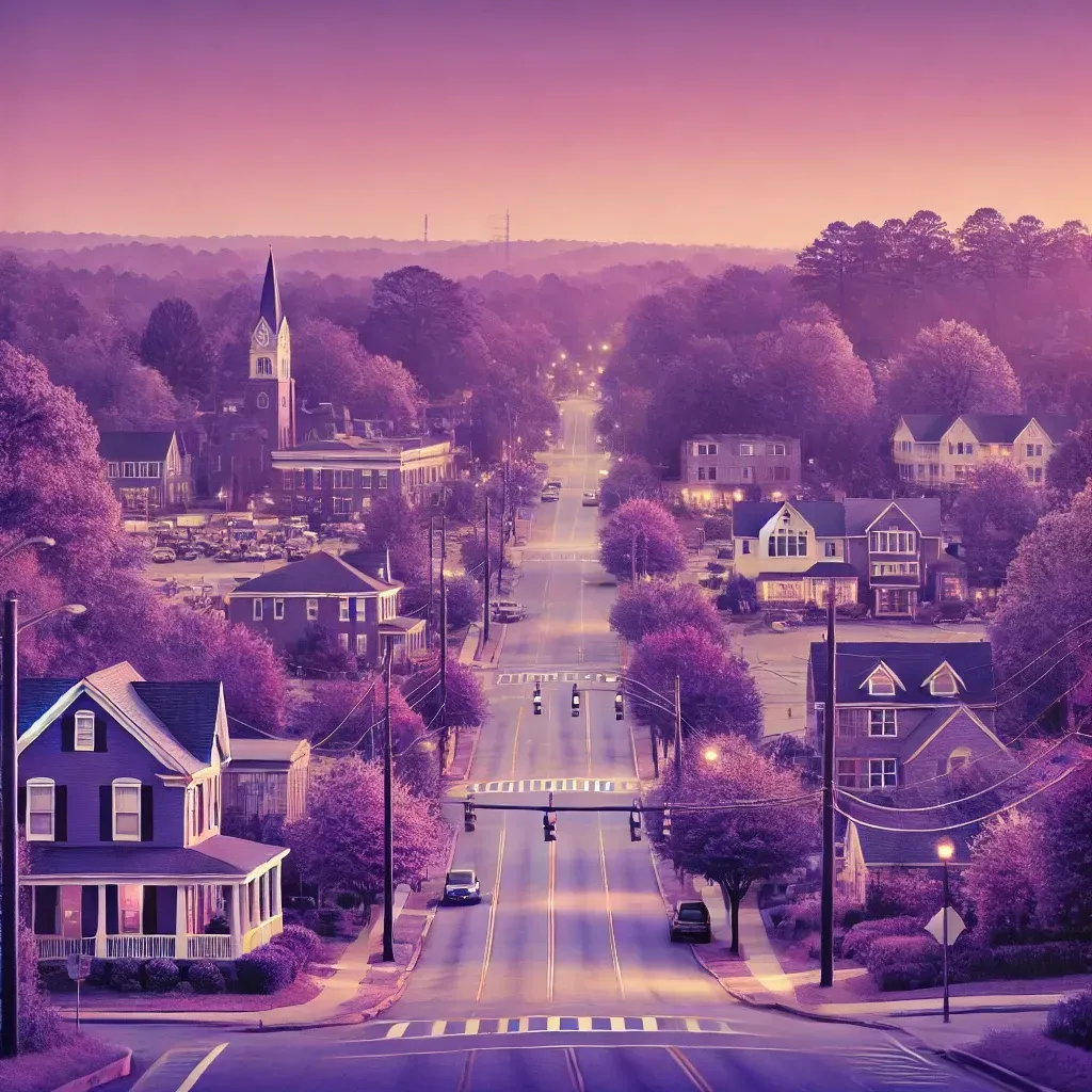 An aerial view of a small town at sunset