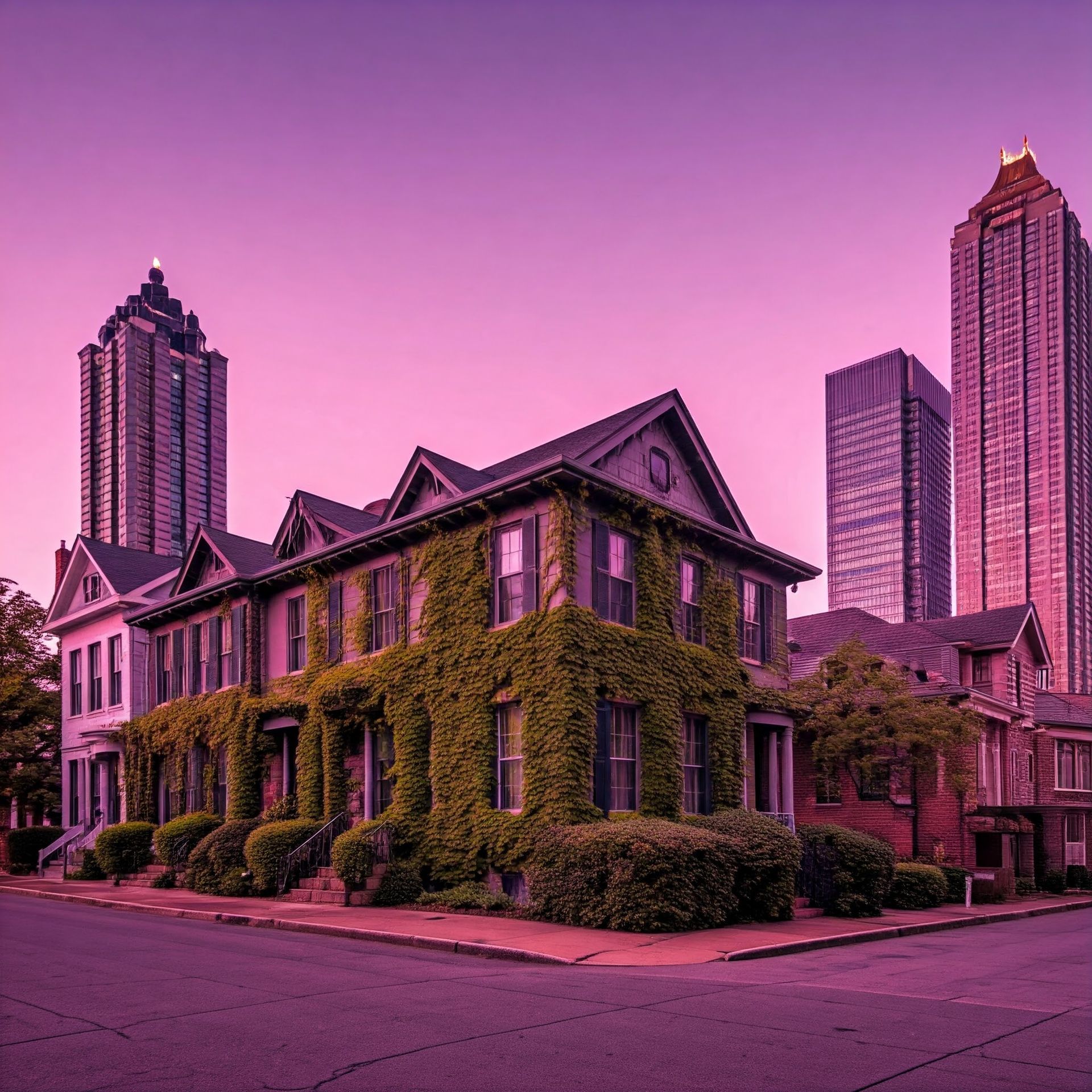 A purple skyline with a house in the foreground
