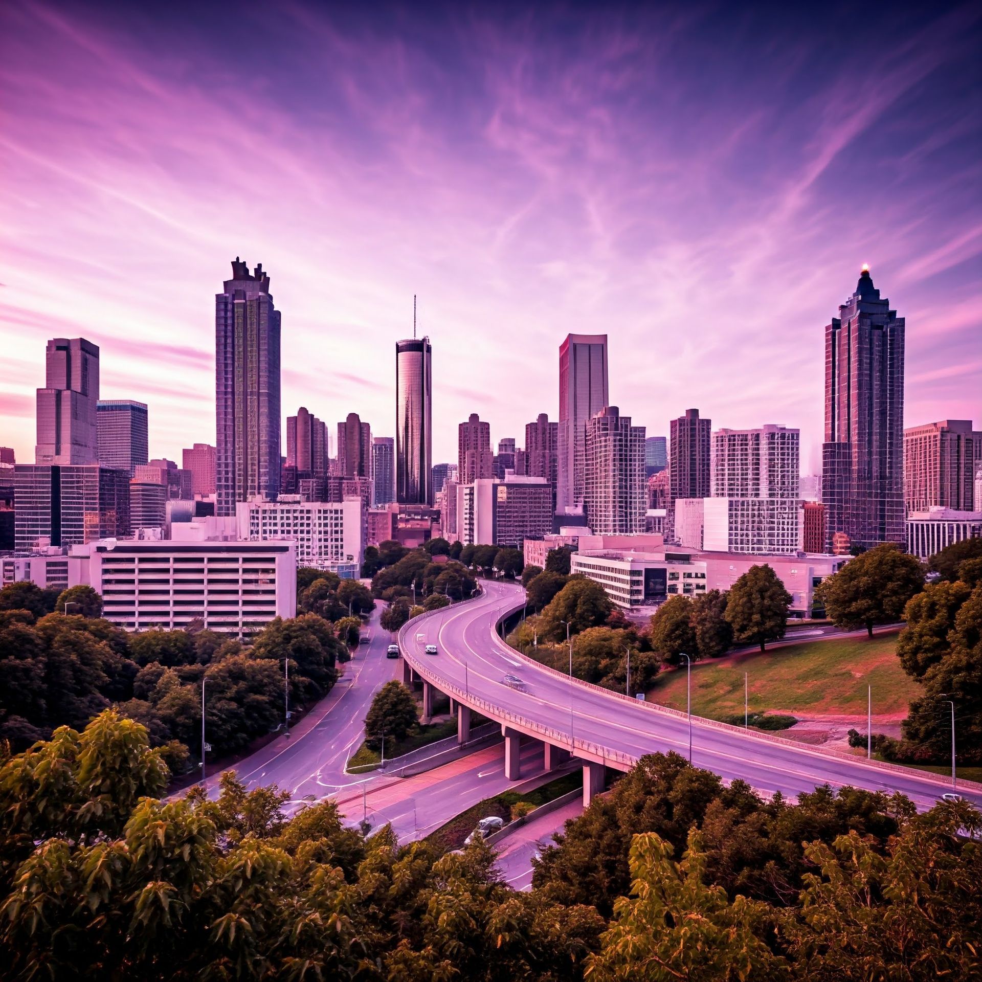 An aerial view of a city skyline at sunset
