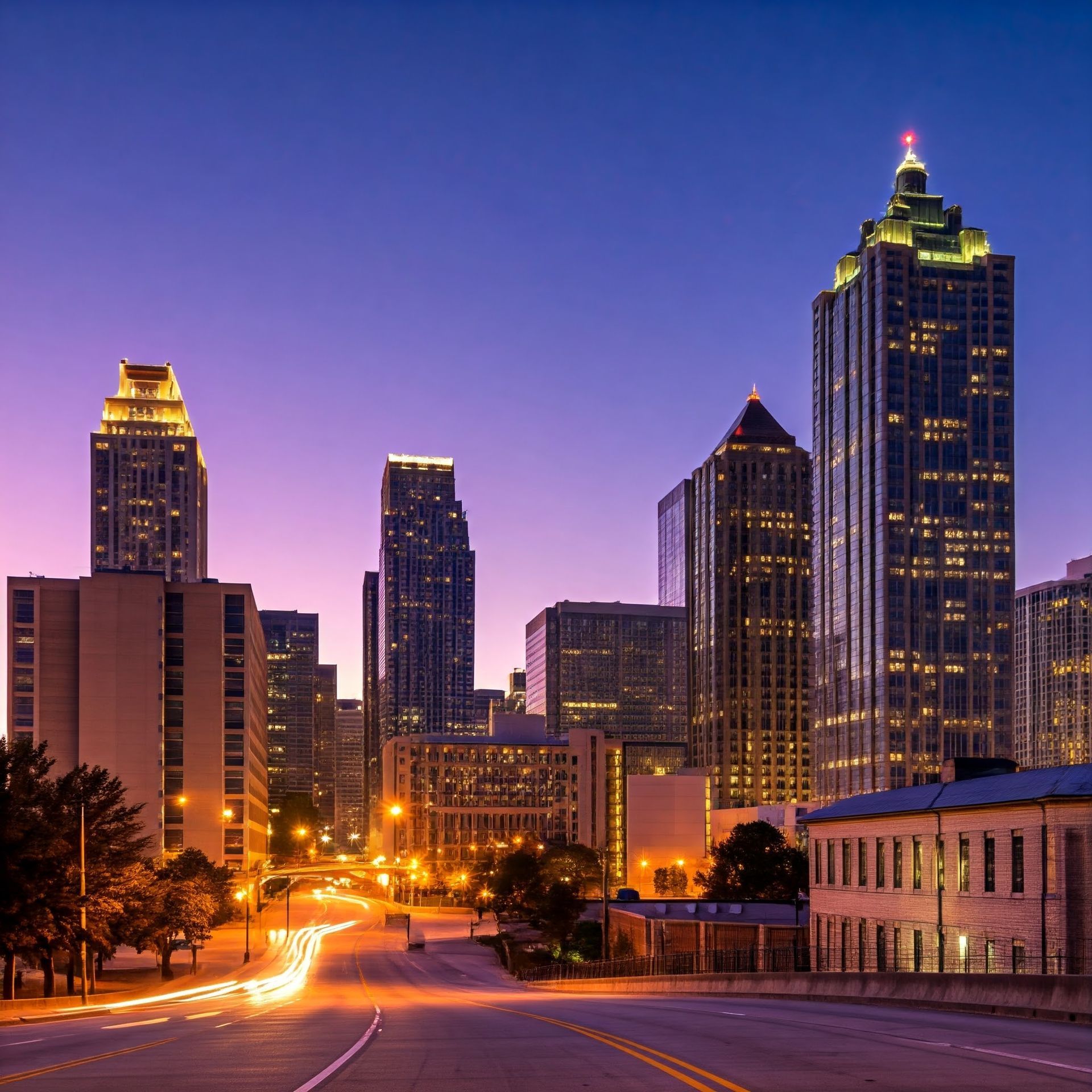 A city skyline at night with a purple sky