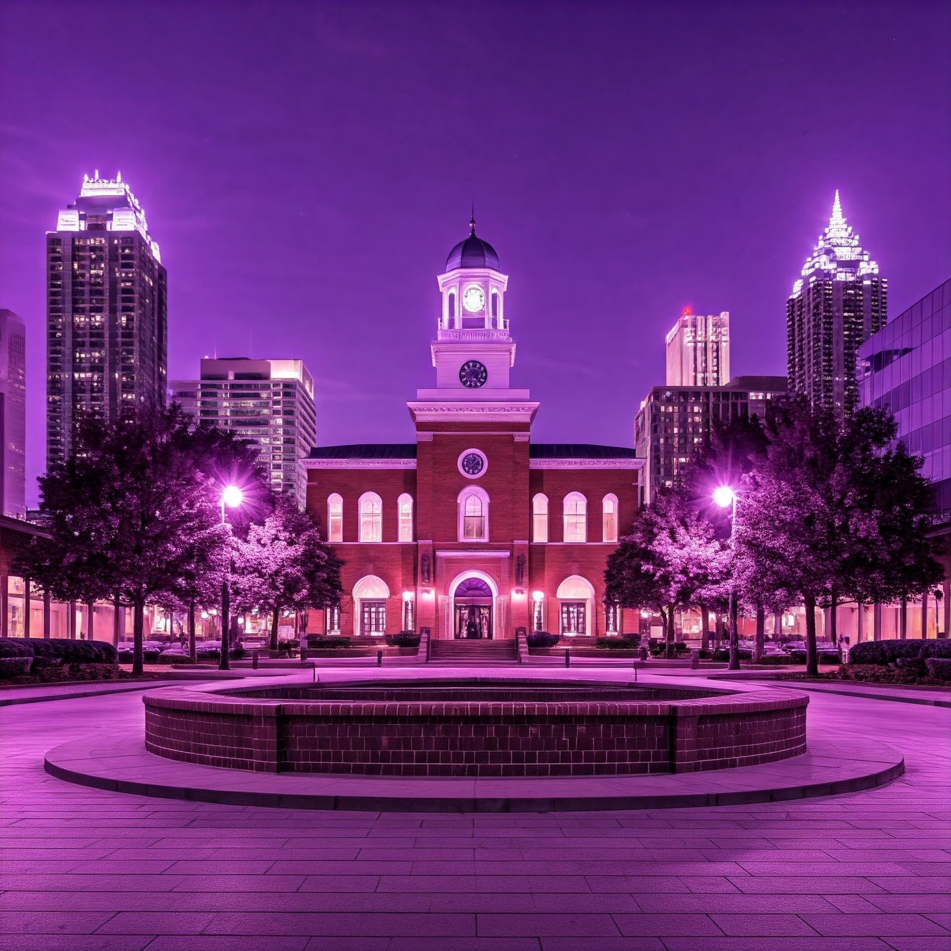 A large brick building with a clock tower and a fountain in front of it