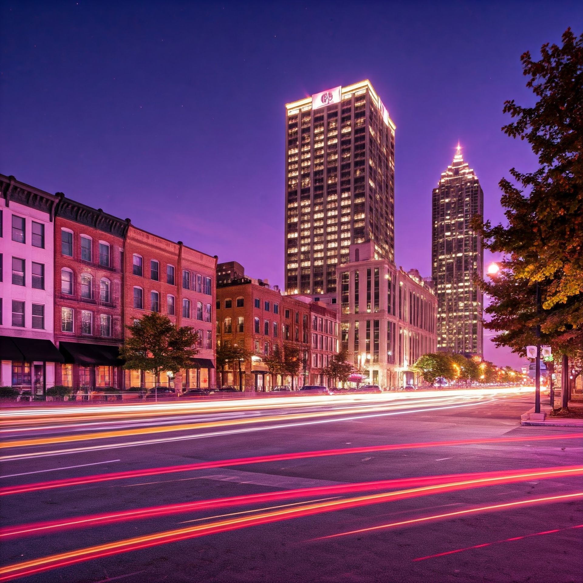 A city street at night with a tall building with the letter o on it