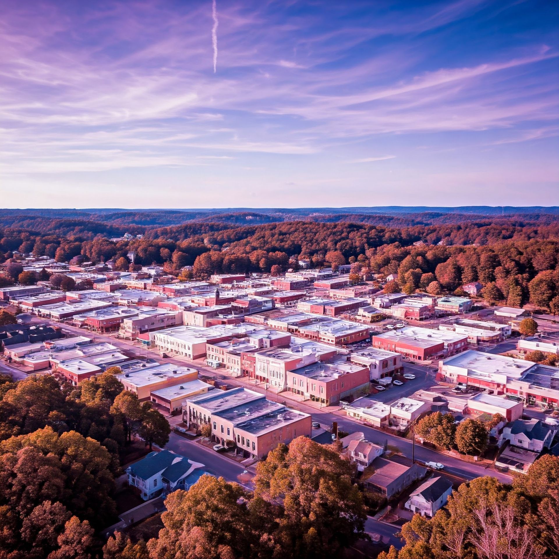 An aerial view of a small town surrounded by trees