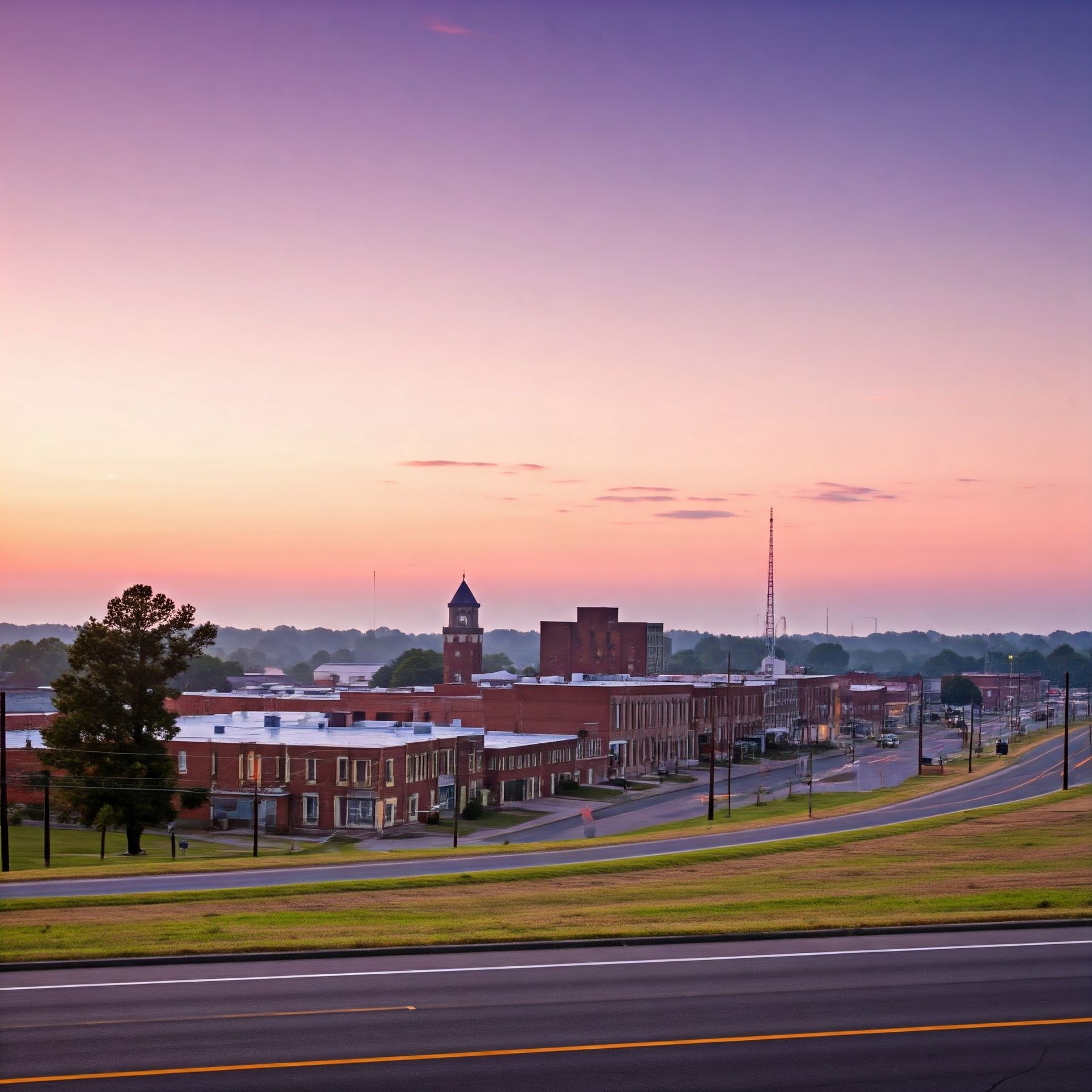 A sunset over a city with a clock tower in the distance.