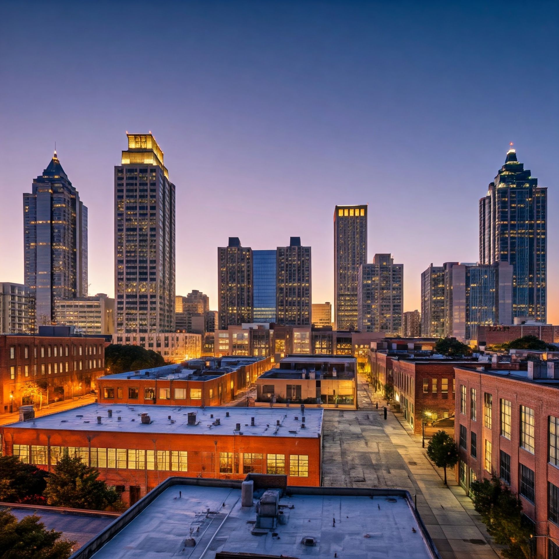 An aerial view of a city skyline at night