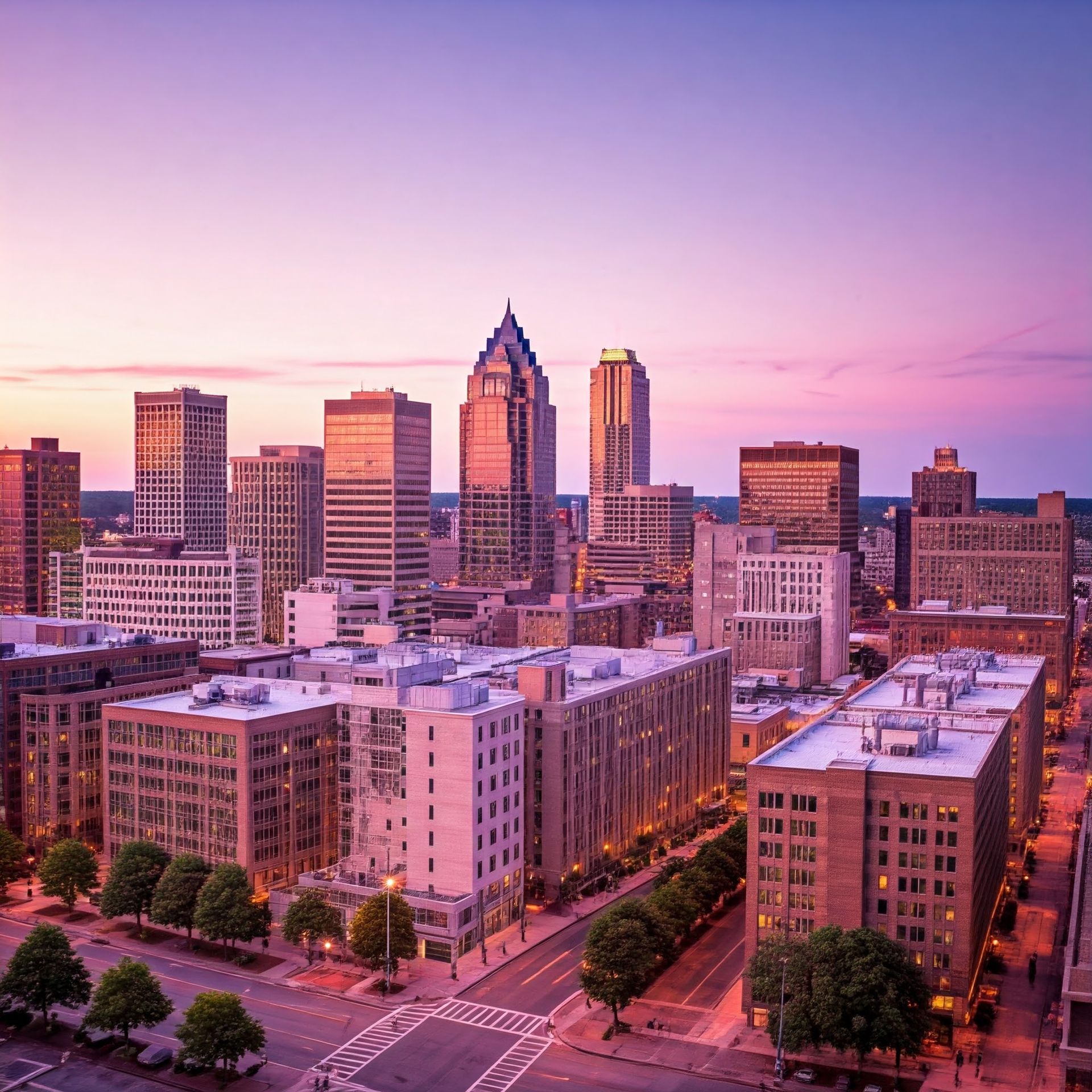 An aerial view of a city skyline at sunset