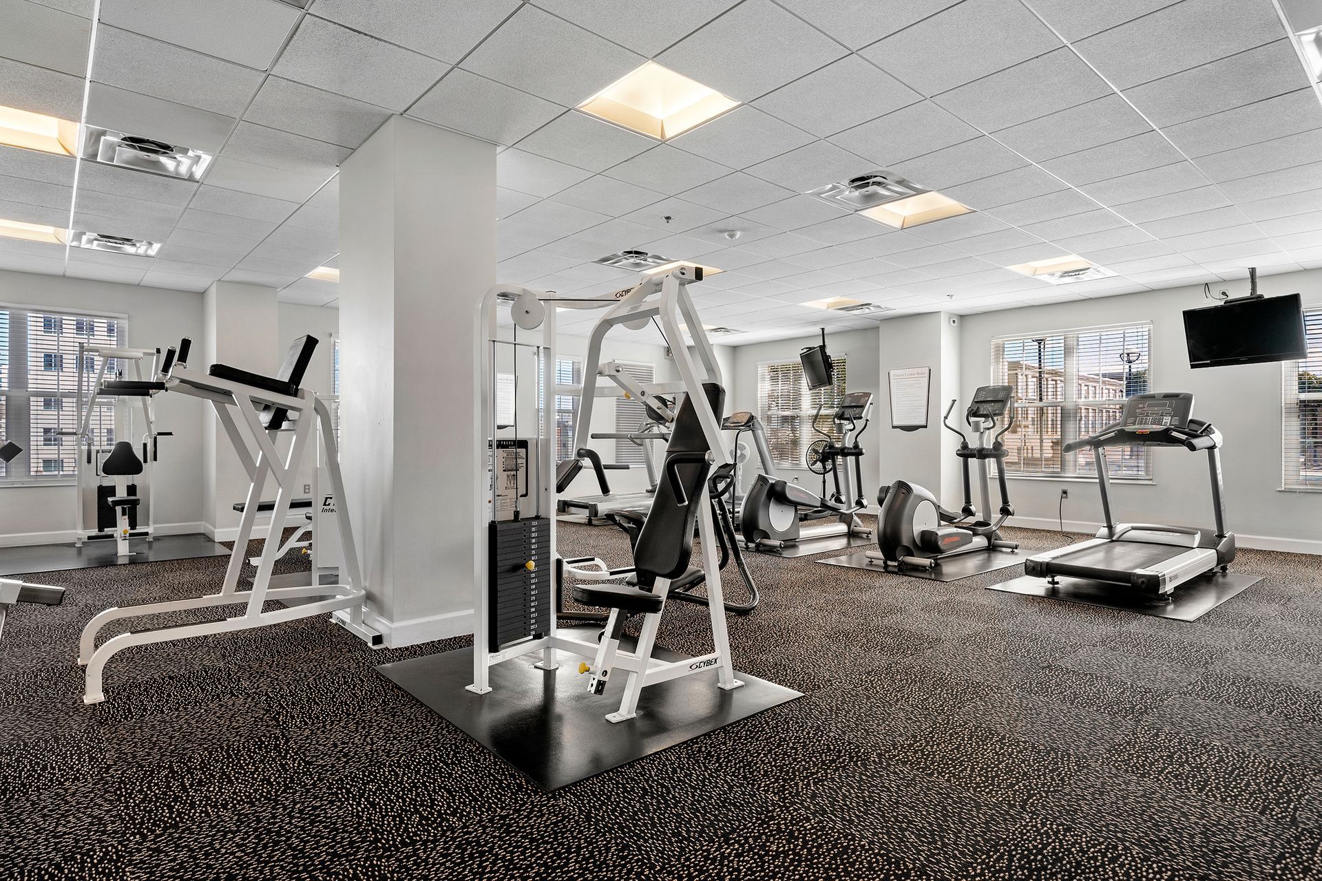A large gym with a lot of equipment and a treadmill.