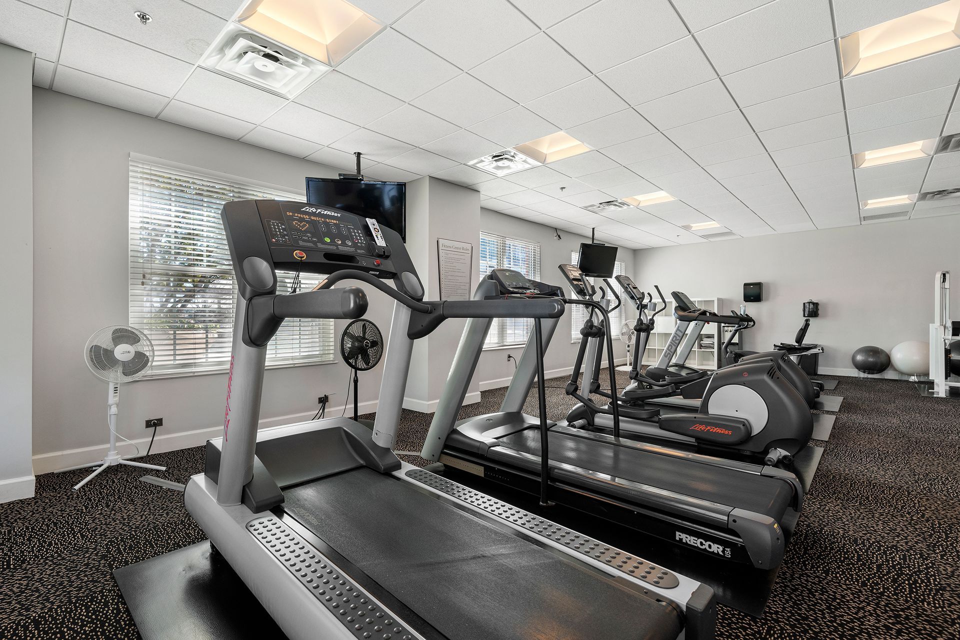 A gym with a lot of treadmills and exercise equipment.
