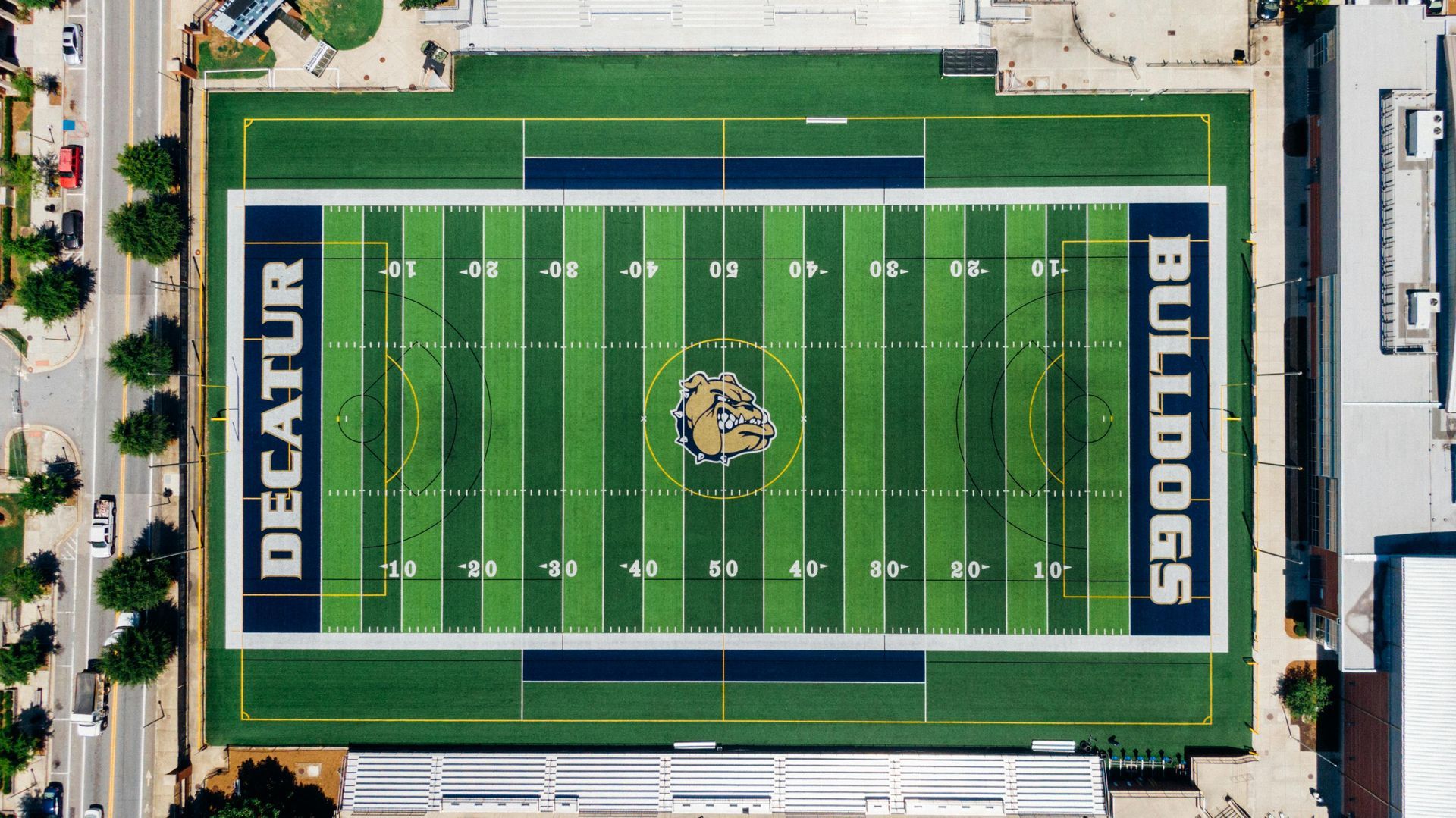 An aerial view of a football field for the decatur bulldogs