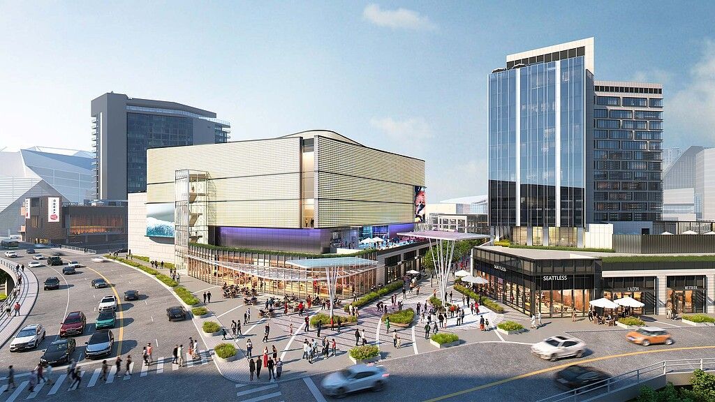 Rendering of a modern city center with shops, pedestrians, tall buildings, and traffic on a sunny day.