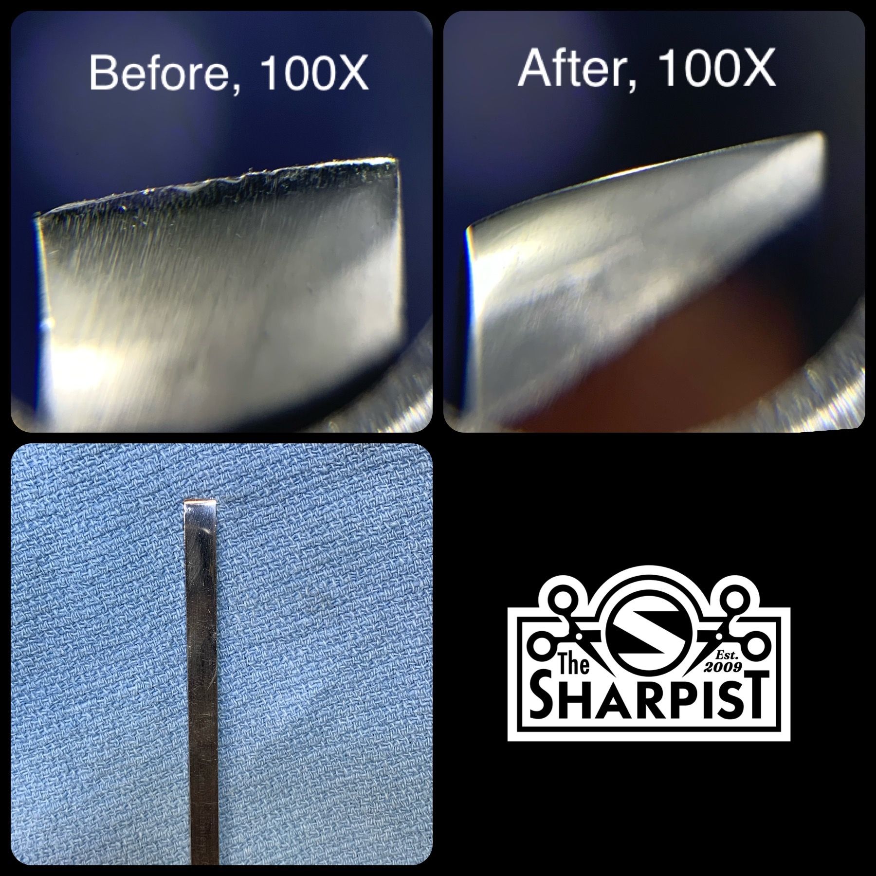 Magnified before and after sharpening photos of an osteotome