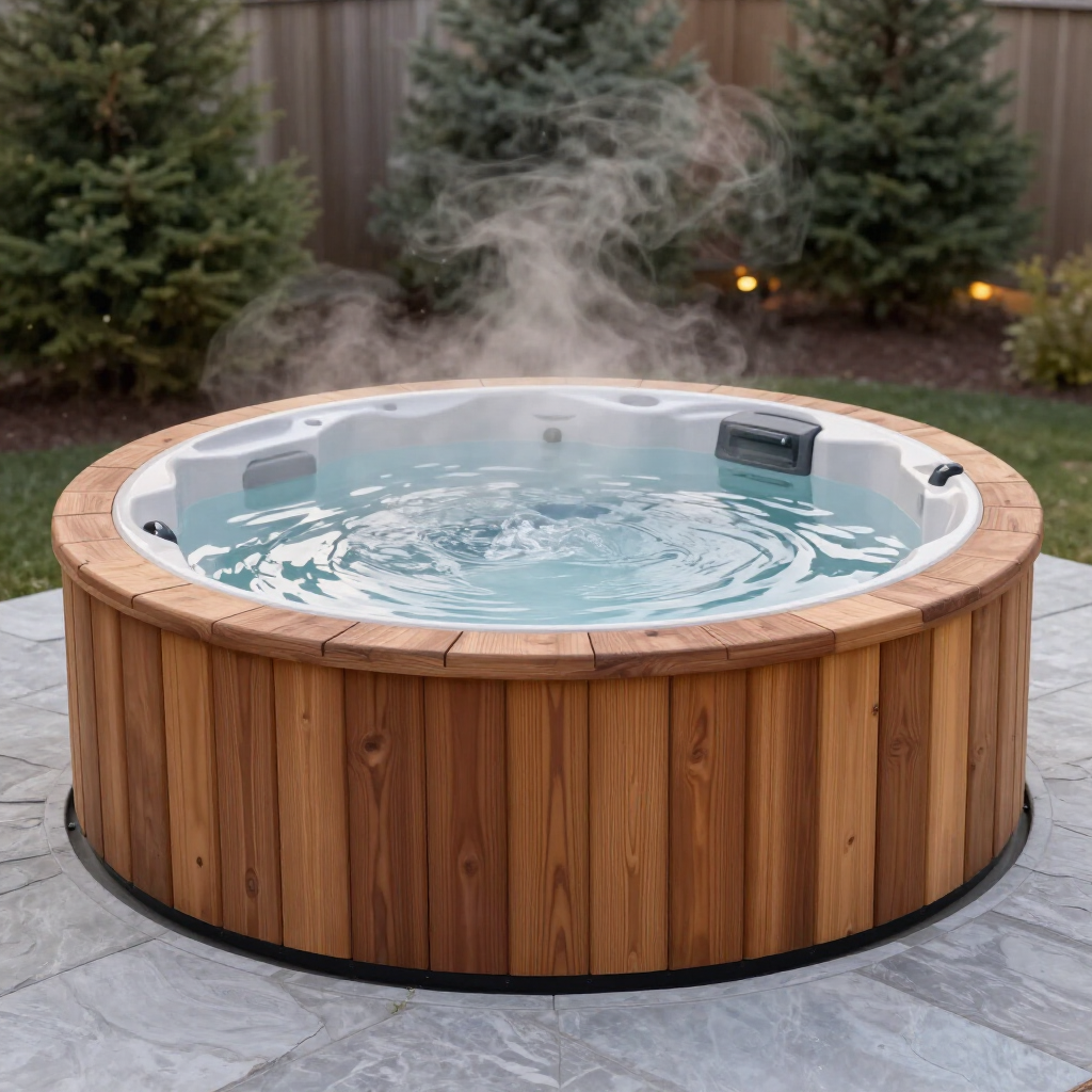 Relaxing round hot tub with bubbling water and padded seats for spa comfort and luxury use.