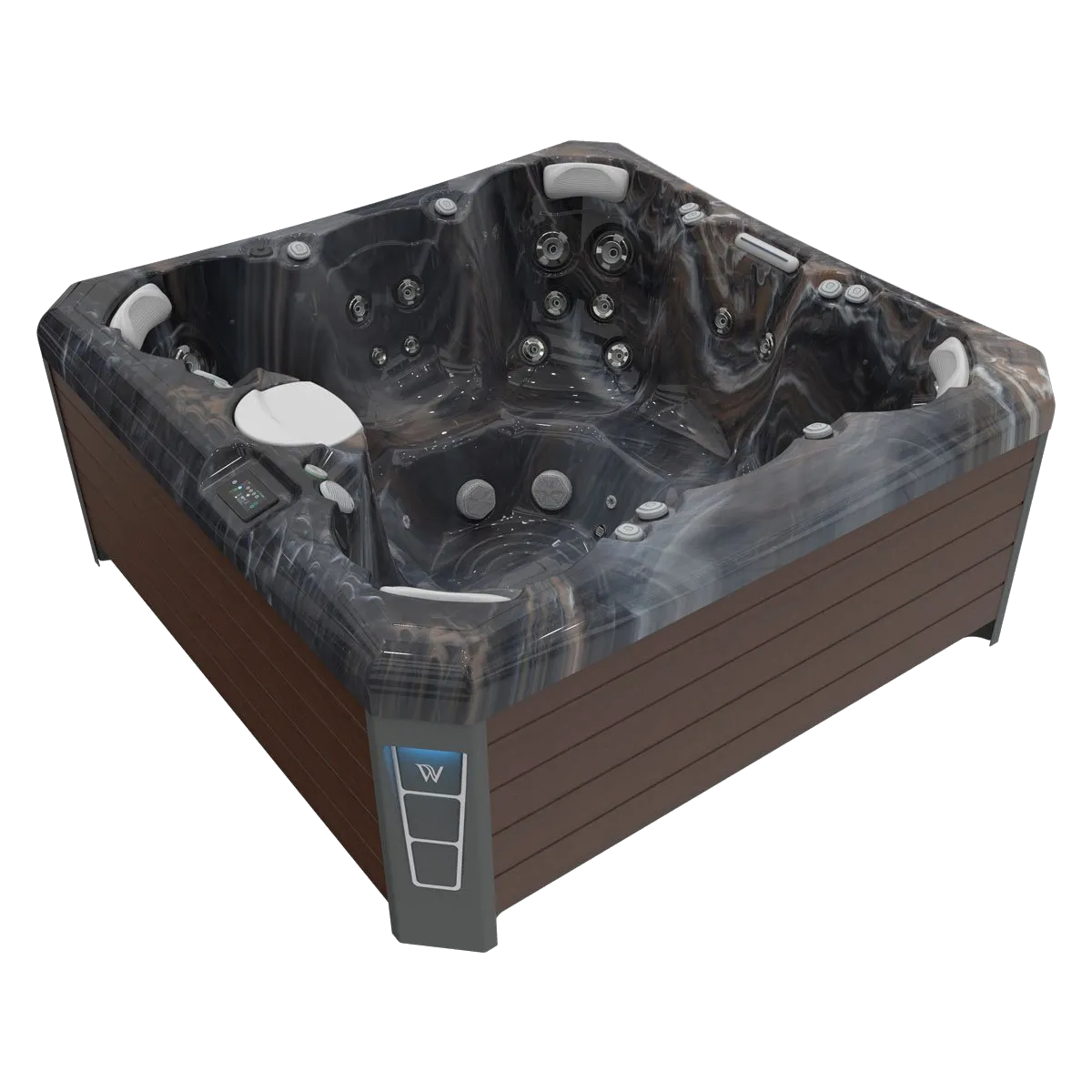 Square hot tub with brown siding and dark gray interior. Digital control panel visible.