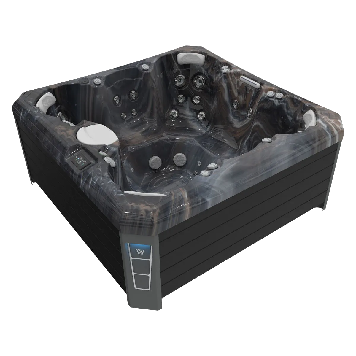 A dark gray square hot tub with seating and jets, set against a black panel.