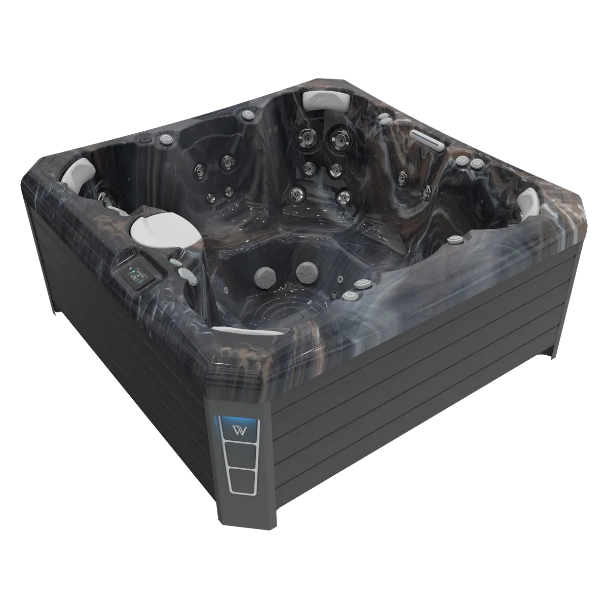 Dark gray hot tub with marble-like interior. Side panel with control buttons. Outdoor setting.