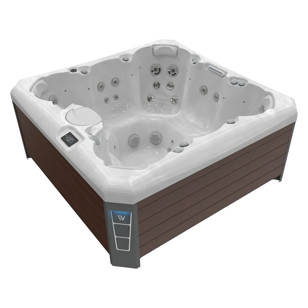 Hot tub with brown siding and white interior, angled view.