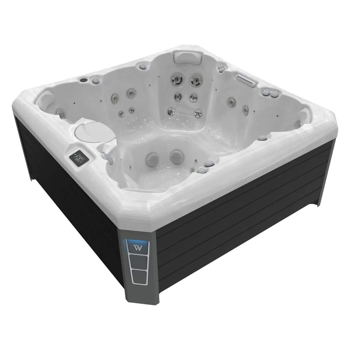 A gray and white square hot tub with multiple jets, control panel, set in an outdoor setting.