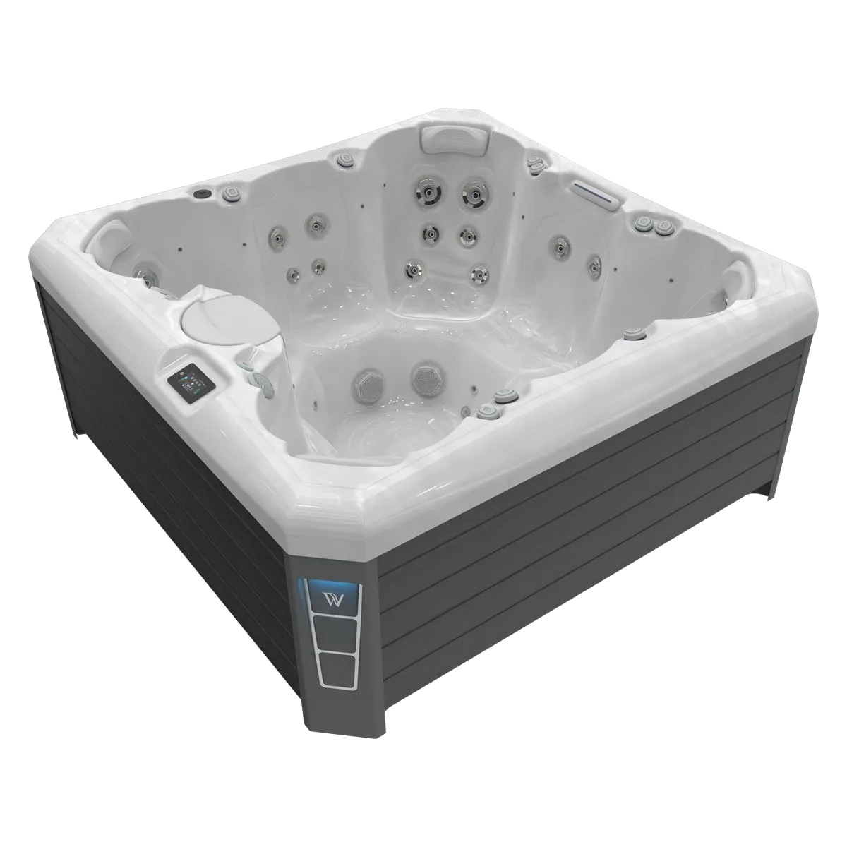 A gray and white hot tub with multiple jets, control panel, and dark gray skirting.