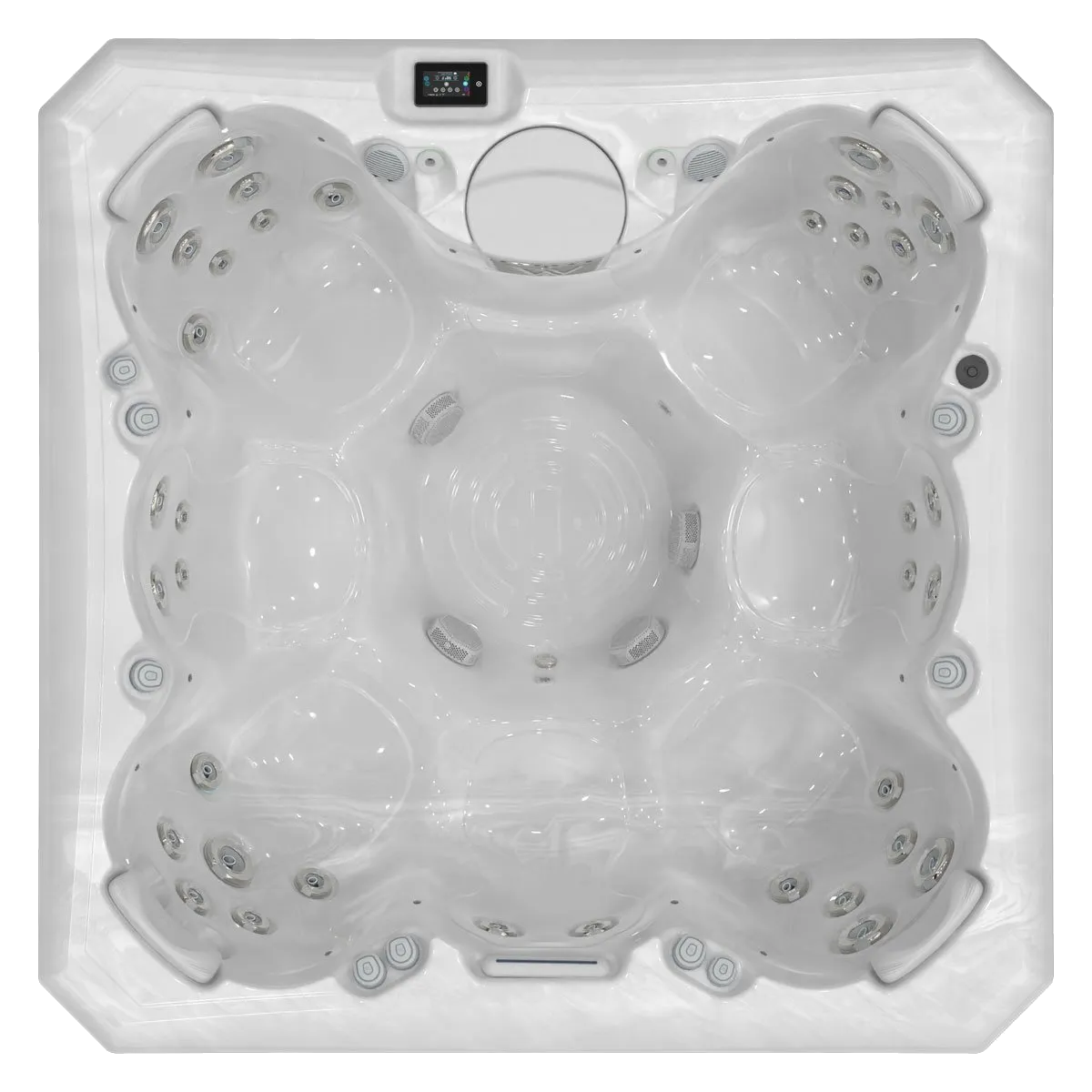 Top-down view of a white, square hot tub with multiple jet nozzles and a digital display.