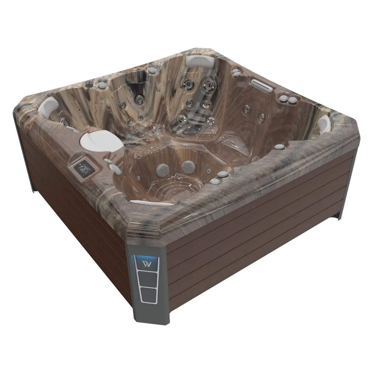 Square brown hot tub with jets and control panel.