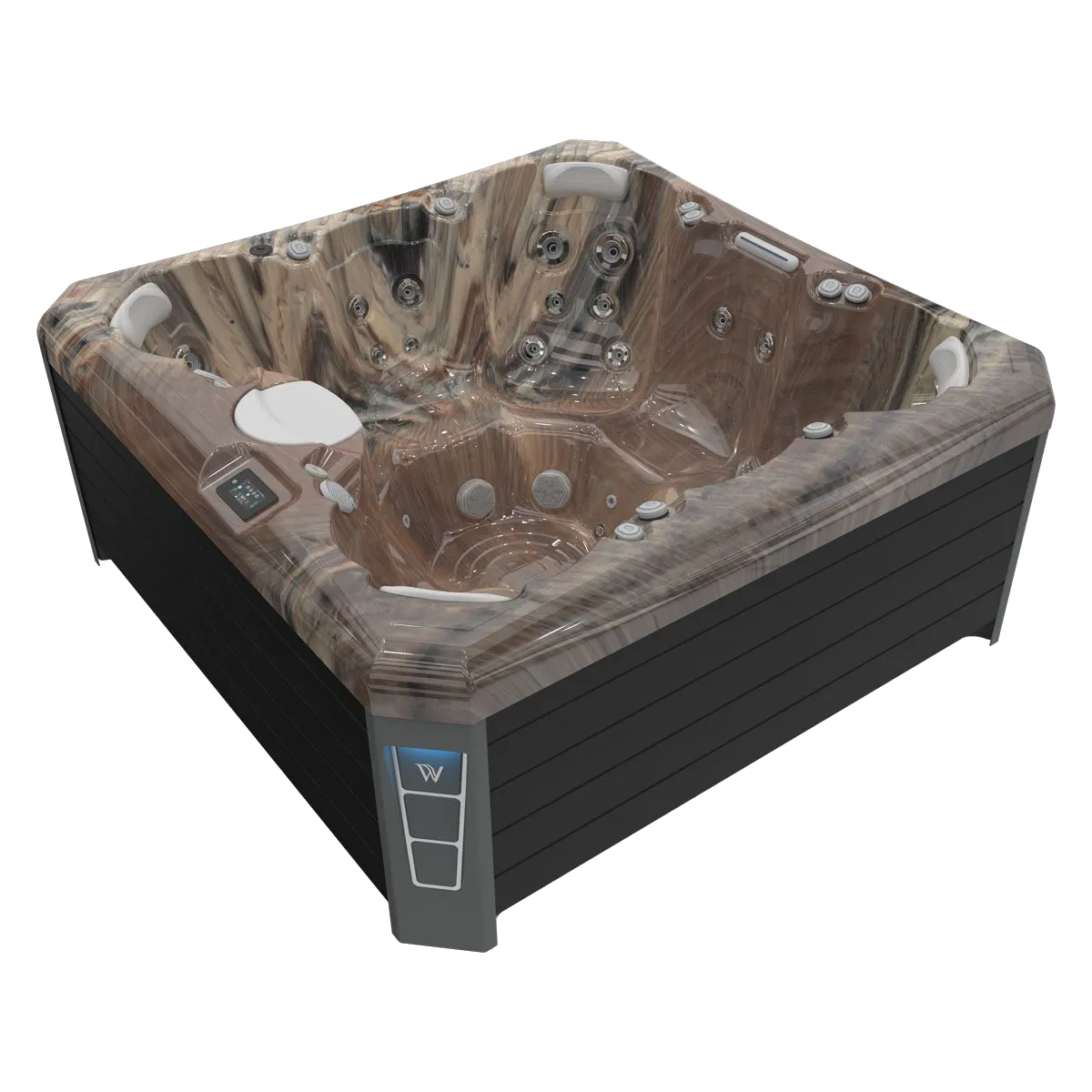 Hot tub with brown and black exterior and marbled interior, with jets and control panel.
