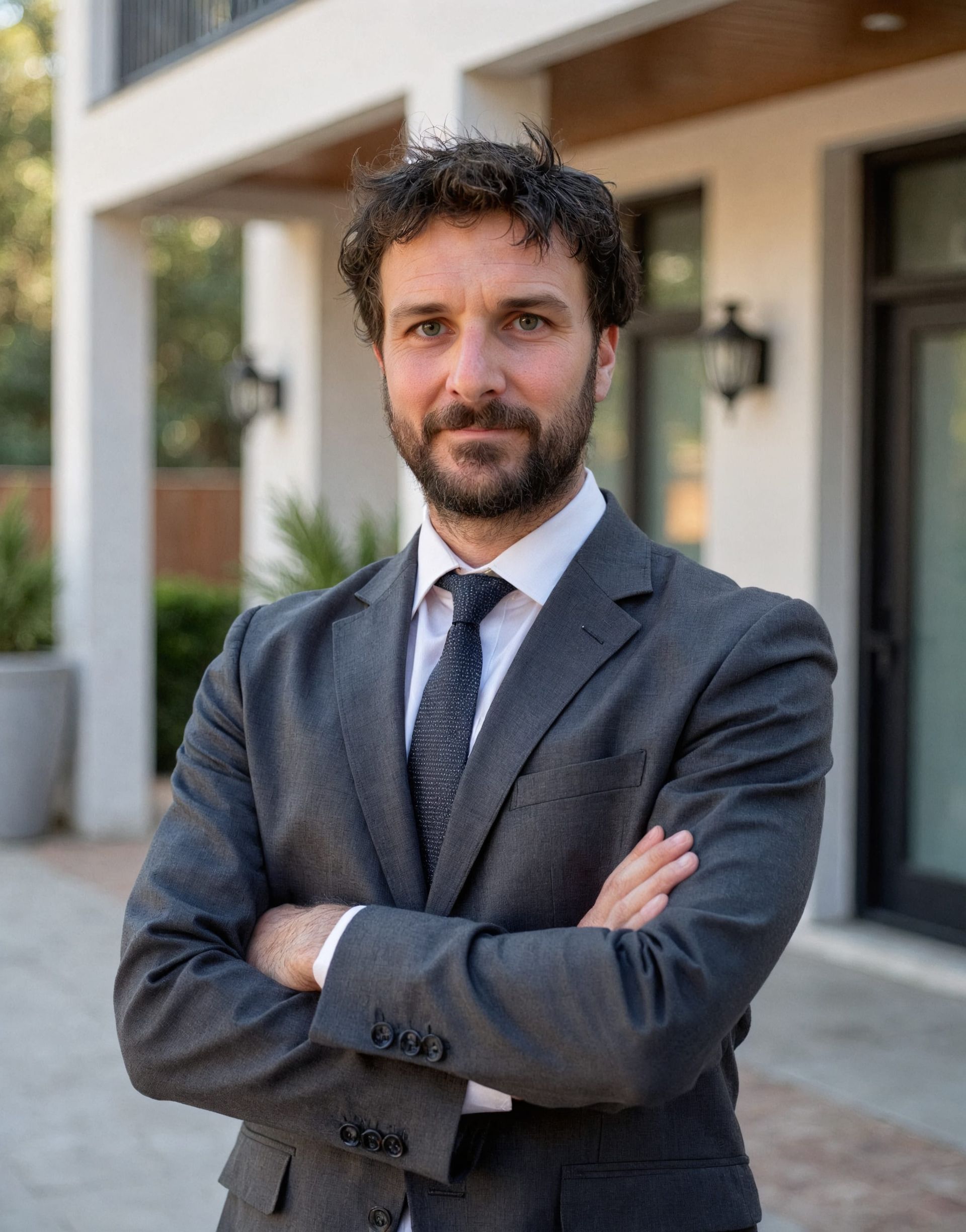 Man in a gray suit with arms crossed, standing outside a building — Into Finance Lending Solutions in Harrington, NSW