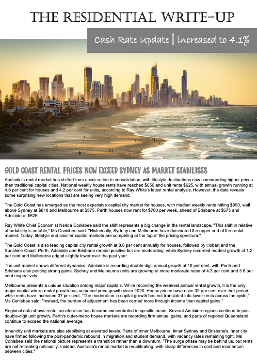 An infographic showing a Gold Coast city skyline at sunrise above a report on rising rental prices and cash rate updates.