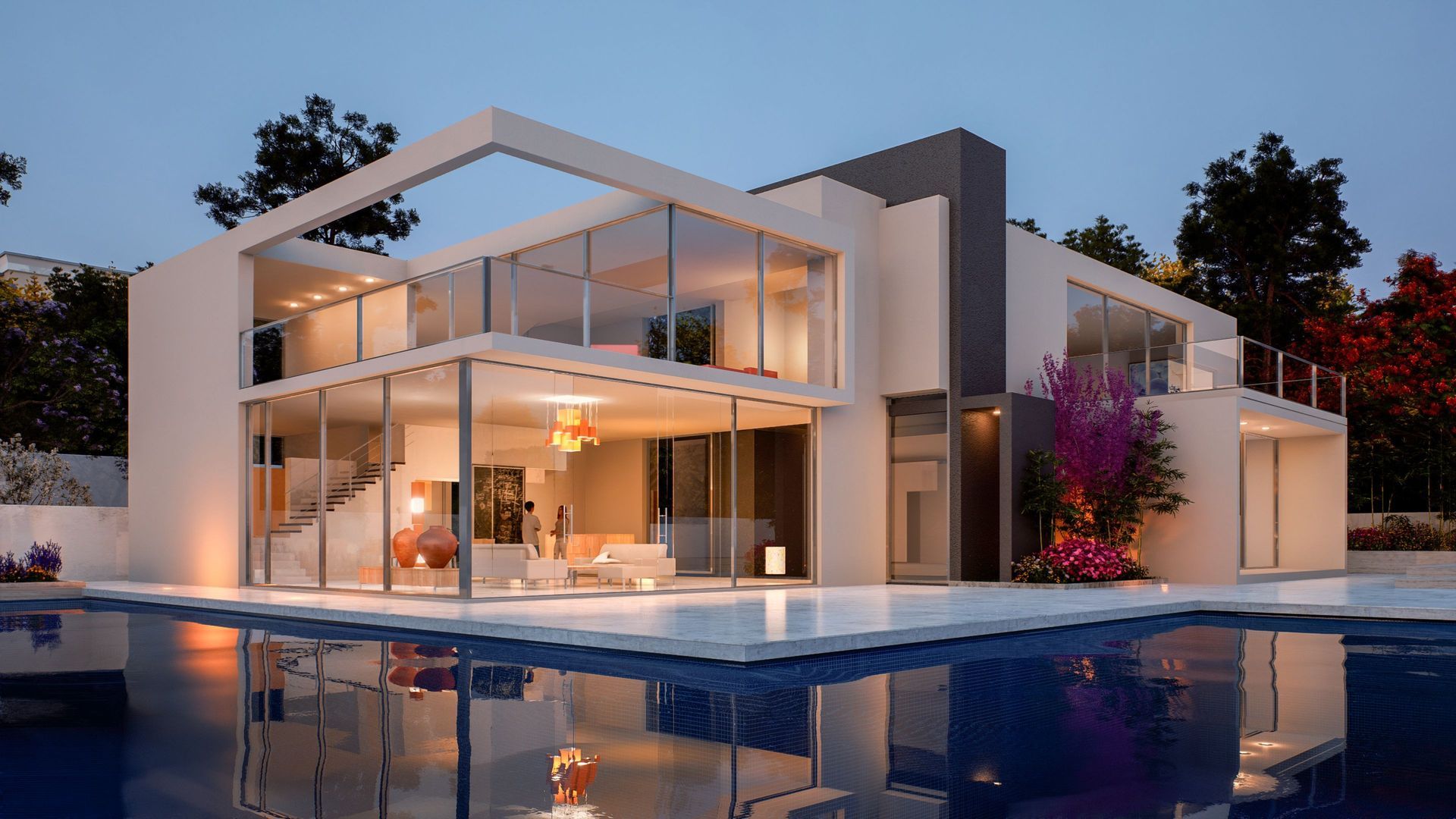 Modern Two-story House With Glass Walls and a Pool at Dusk — Into Finance Lending Solutions in Coomba Bay, NSW