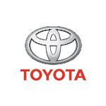 Toyota logo with silver emblem and red text.