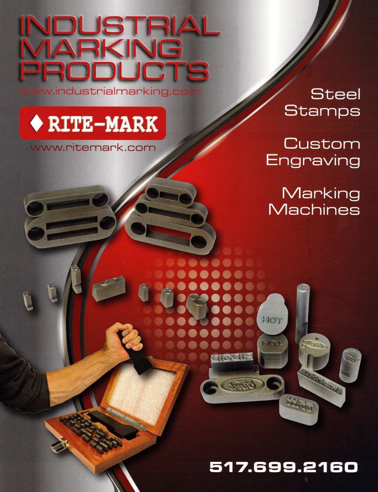 Advertisement for industrial marking products including steel stamps and engraving. Features a person stamping.