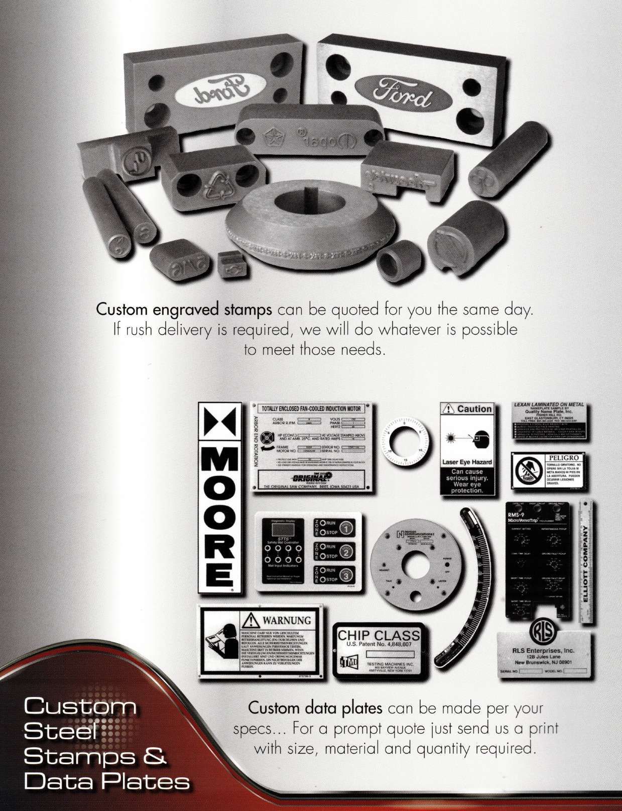 Advertisement: Custom steel stamps and data plates. Examples include stamped Ford parts and various data plates.