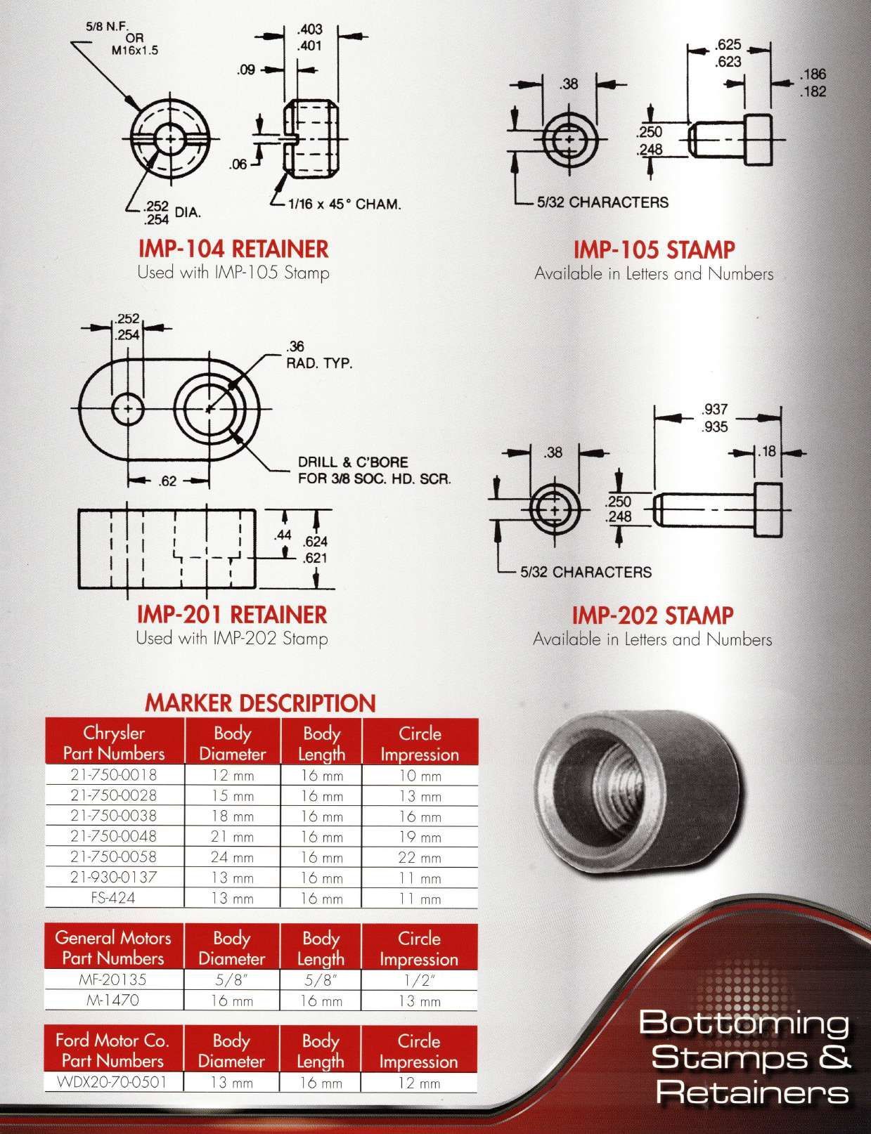 Diagram of Bottoming Stamps & Retainers with measurements and a marker description table.