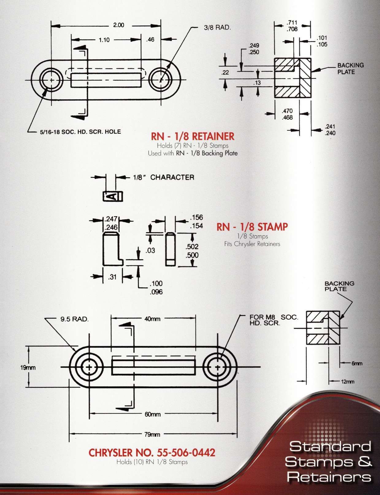 Technical drawings of metal retainers and stamps, with dimensions, labels, and the Chrysler logo.