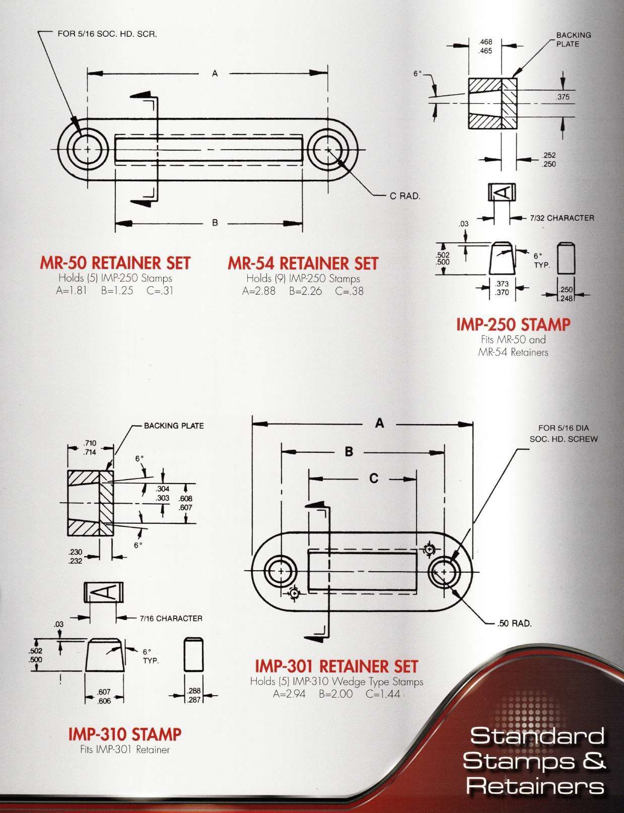 Diagrams of metal retainers and stamps with dimensions and labels.