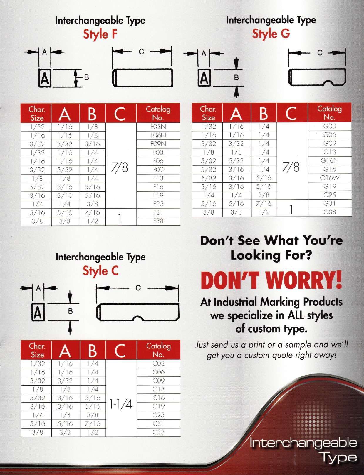 Diagram of interchangeable type styles (F, G, C) with dimensions and a call to contact the manufacturer.