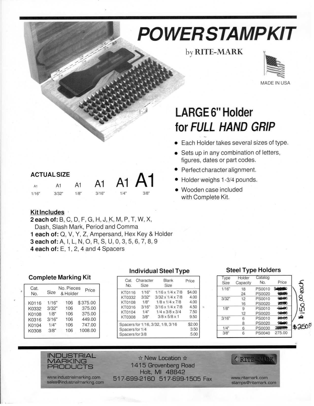 Advertisement for a Powerstamp kit, featuring a large holder for full hand grip, with tool and letter type images.