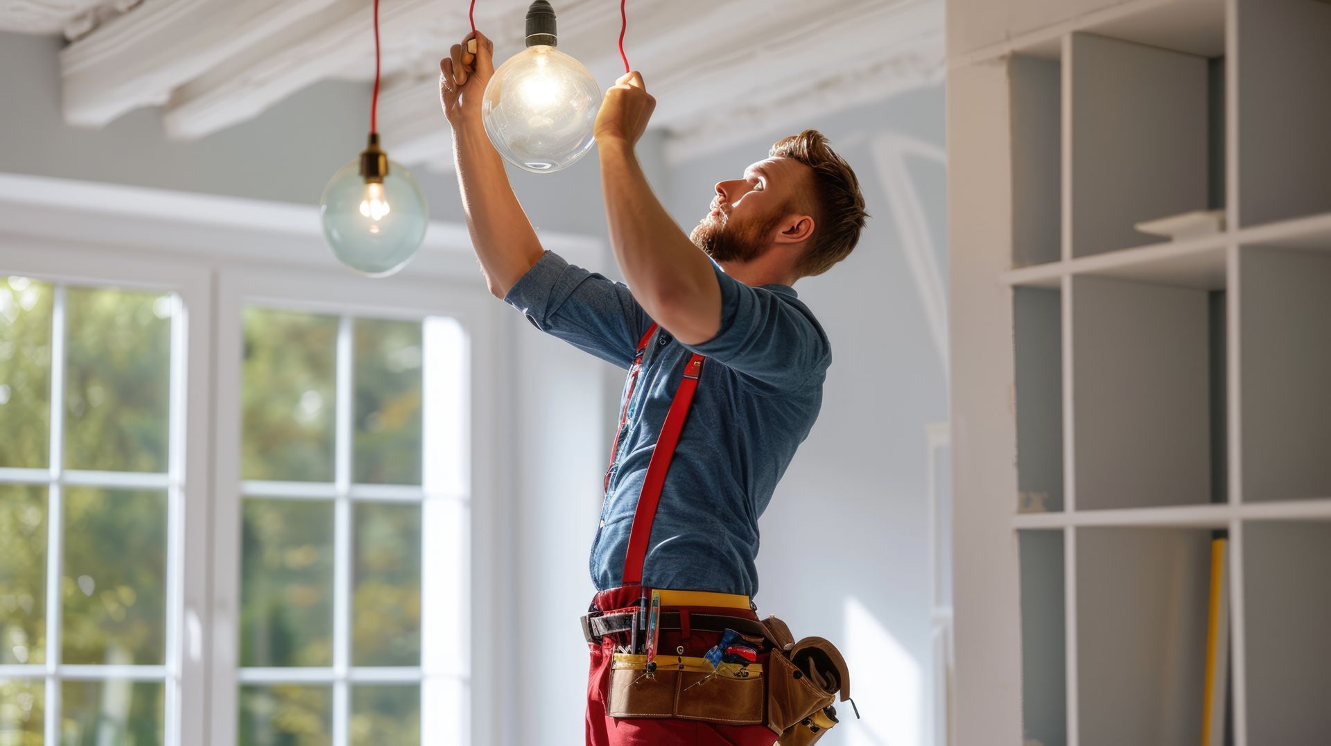 Person installing a hanging light fixture while wearing a tool belt. Person installing a hanging light fixture while wearing a tool belt.