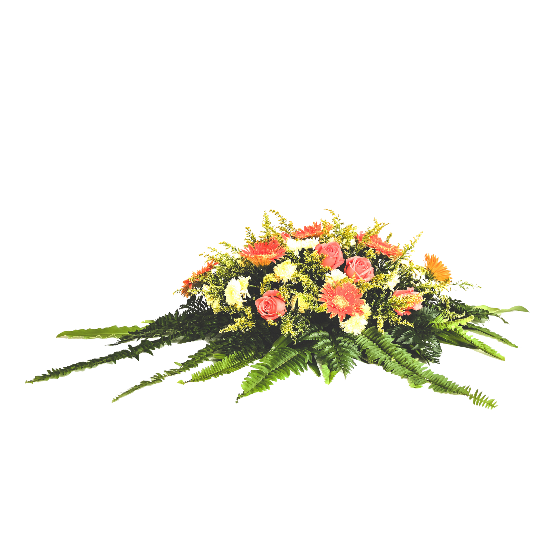 A bunch of flowers and ferns on a white background