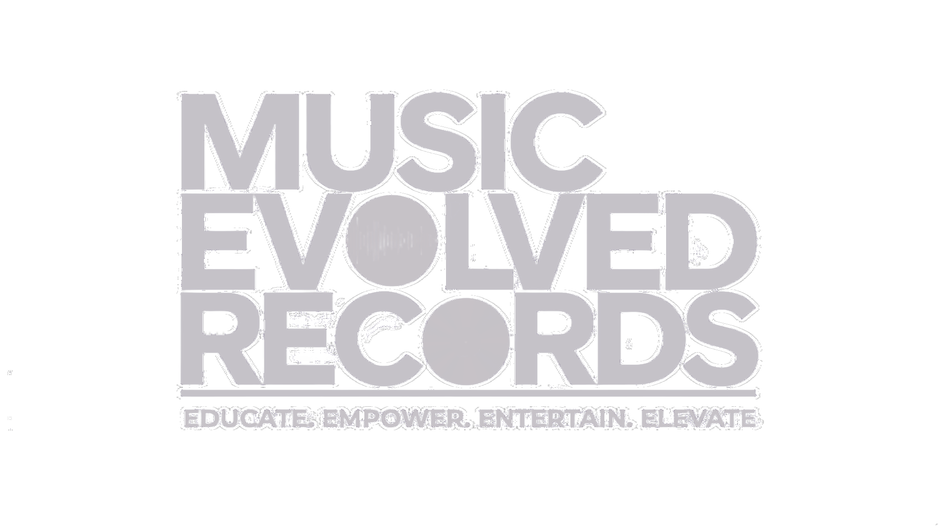 Logo for Music Evolved Records: Text in gray, "MUSIC EVOLVED RECORDS" and tagline "EDUCATE. EMPOWER. ENTERTAIN. ELEVATE."