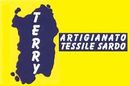 Un logo per  Terry - l'artigianato tessile sardo su sfondo giallo.